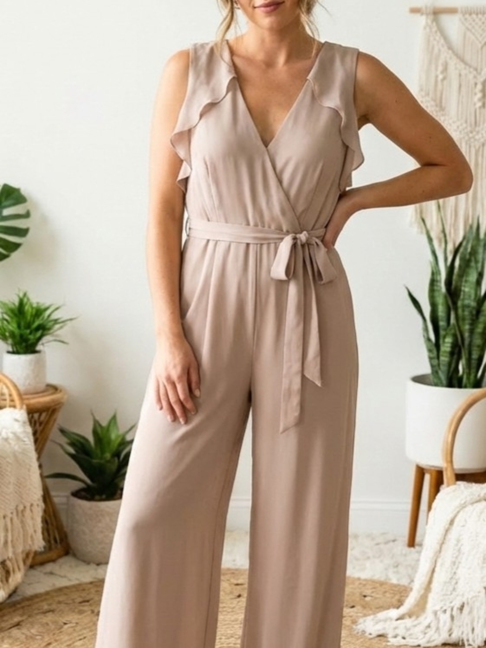 Everly Sleeveless V-Neck Tie-Waist Wide-Leg Jumpsuit - Beige